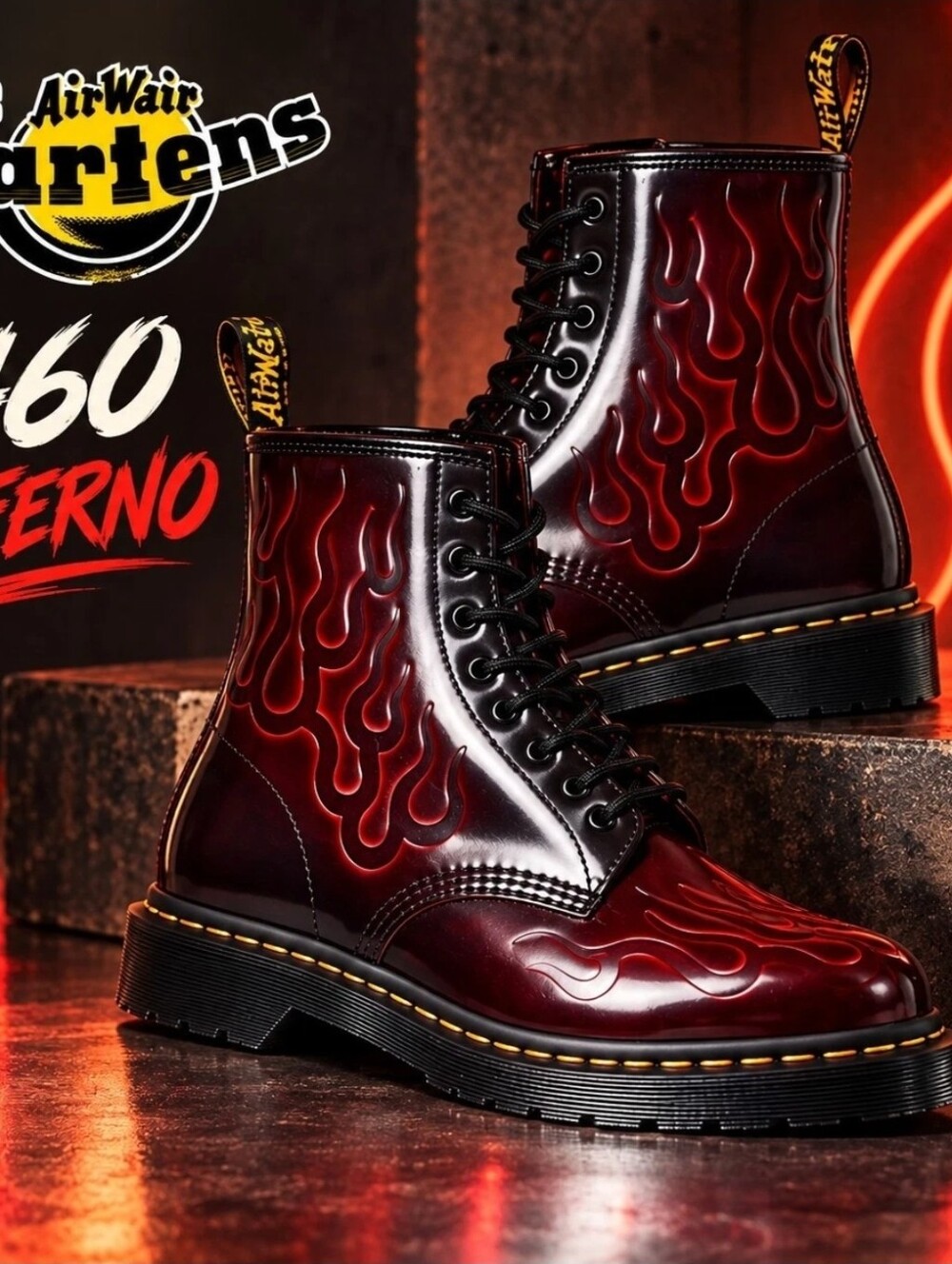 Dr. Martens 1460 Inferno Cherry Red Arcadia Flame Boots Women's Size 6 NEW